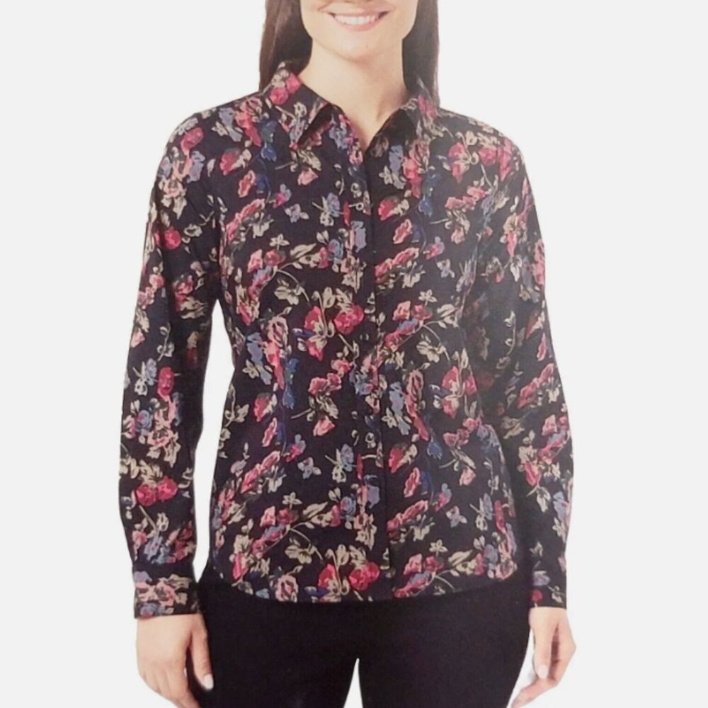 Chaps Women's Button-Up Floral Blouse, Black Size M - Picture 2 of 4